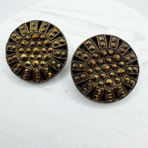 Vintage Czech Glass Black Copper Faux Marcasite Button Earrings Clip On Bohemian - Picture 1 of 5